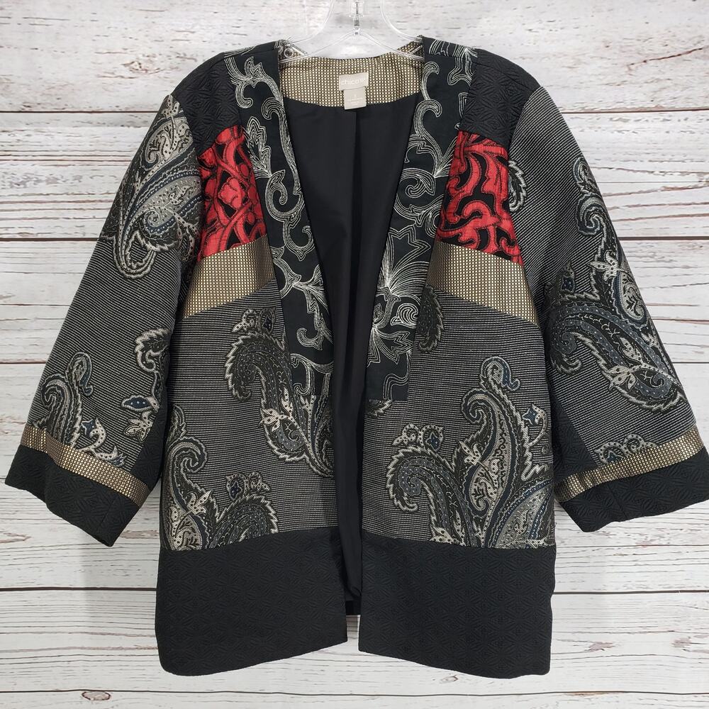 Chico's Women's Paisley Patch Print Open Front Jacket Size 3